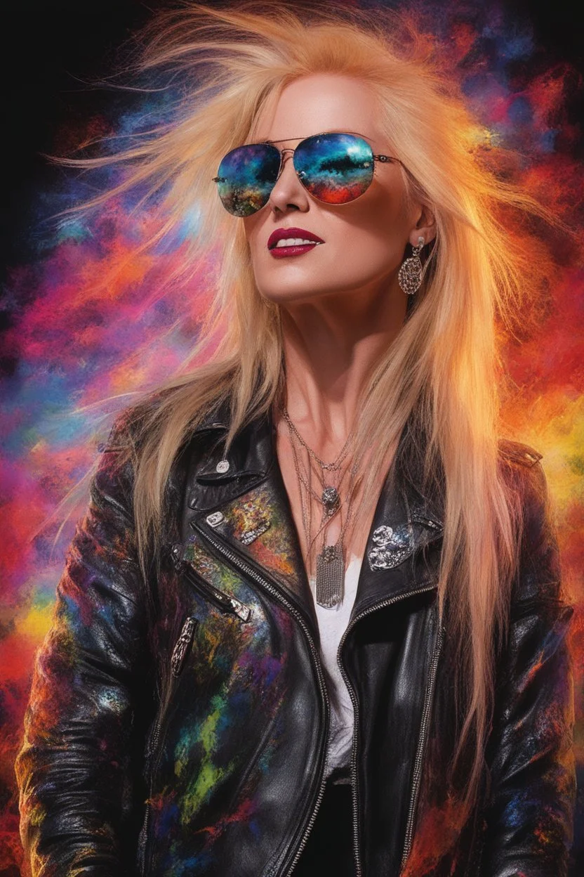 head and shoulders image, Lita Ford - Kiss Me Deadly - Reptilian-skinned - Ray-Ban sunglasses - Motley Crue - gothic pale-skinned vampire, Painting with fire and multicolored electrified cosmic clouds, by Hoy Tong Lu - Multicolored lightning -a smiling, long, blonde hair, blue eyes, goth makeup, black leather biker's jacket, black leather pants, combat boots, black fingerless gloves, sitting on in the forest next to a fire,