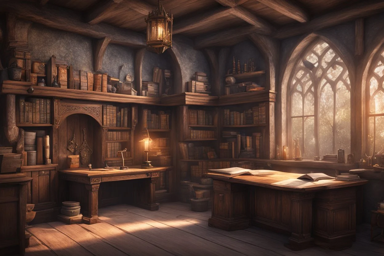 fantasy medieval study room with a front desk