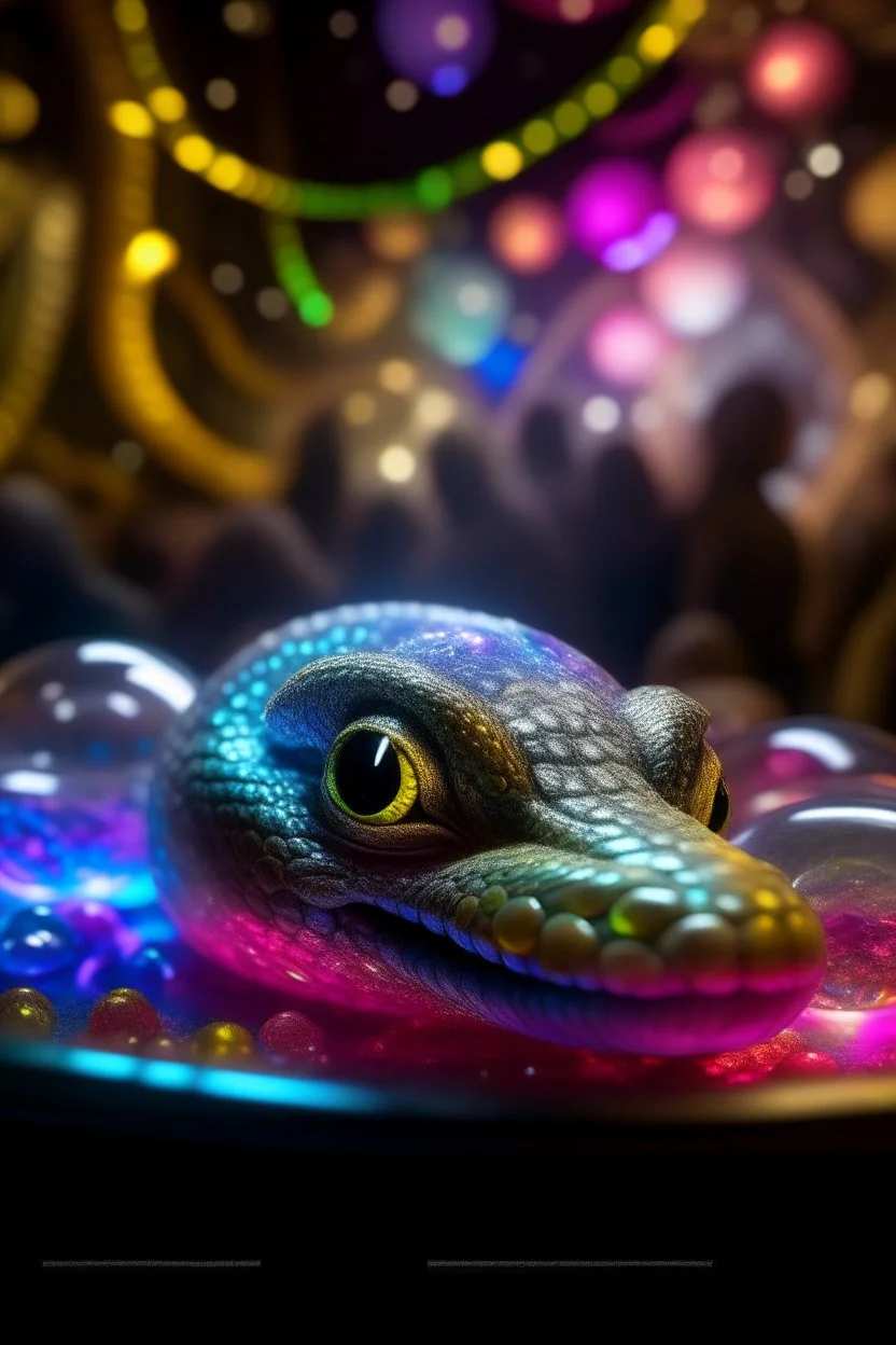 glitter snake with wolf head exiting a hippie space ship made of ice cream, smiling with beautiful shiny hair, each inside a pile of transparent jelly bubbles of weird colors, disco egg made of small mirror, light rayz, feast table ,shot on Hasselblad h6d-400c, zeiss prime lens, bokeh like f/0.8, tilt-shift lens 8k, high detail, smooth render, down-light, unreal engine, prize winning