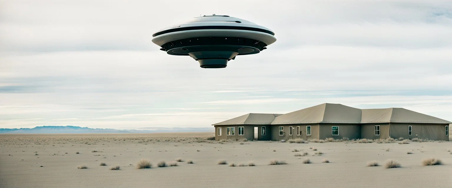 UAP, UFO, Alberta Desert, cinematic, Fuji Film, Anamorphic lens, 2040s, deep depth of field, in a Cyber punk WW3 film