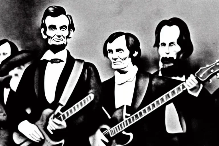 Abraham lincoln playing solo lead guitar for a rock-n-roll band in 1974