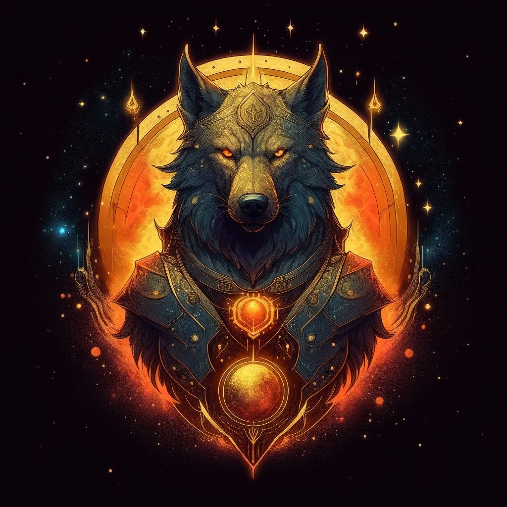 A terrible creature with a wolf's head and a human body,A shield made of fire and magic and the galaxy