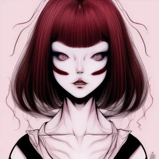 weird face cute girl Junji Ito style, darkred tones,