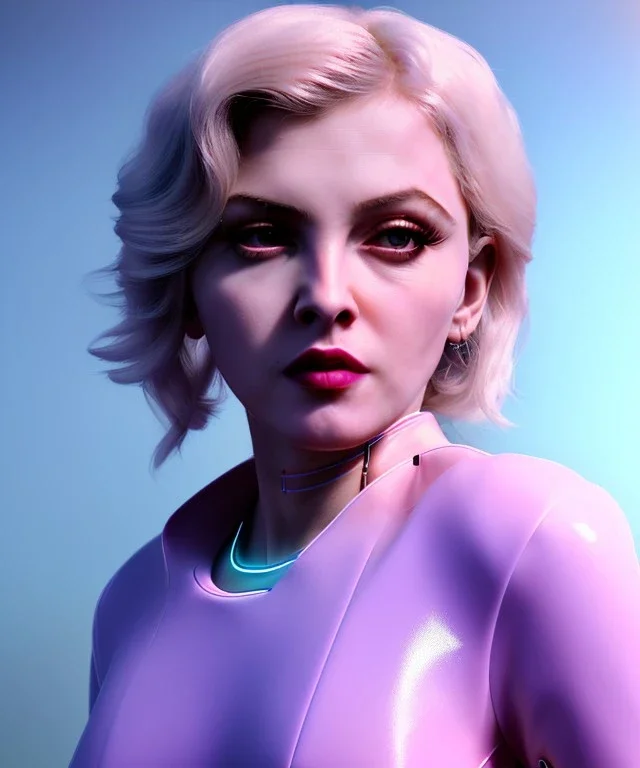 Artist, young madonna, android woman, sweet, blonde, white skin, long eyeliner, contour make-up, short hair, circuits, ghost in the shell, latex coat, feather, cyber punk, neon, bamboo, blood, portrait, studio photo, unreal engine 5, soft color, 16 bit, god lights, ray tracing, RTX, lumen lighting, ultra deatail, volumetric lighting, 3d, finely drawn, hd.