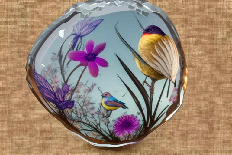 birds, blur 5%, flowers, double exposure, merged layers, in the first part (near to us) of the picture you can see a plain sandblown smoked glass, engraved with a folk art pattern, the glass is cracked in several places, in some places the glass is broken, crumpled burlap, through it you can see a tropical rainforest with a waterfall, mist, fog, sunrise, gemstones