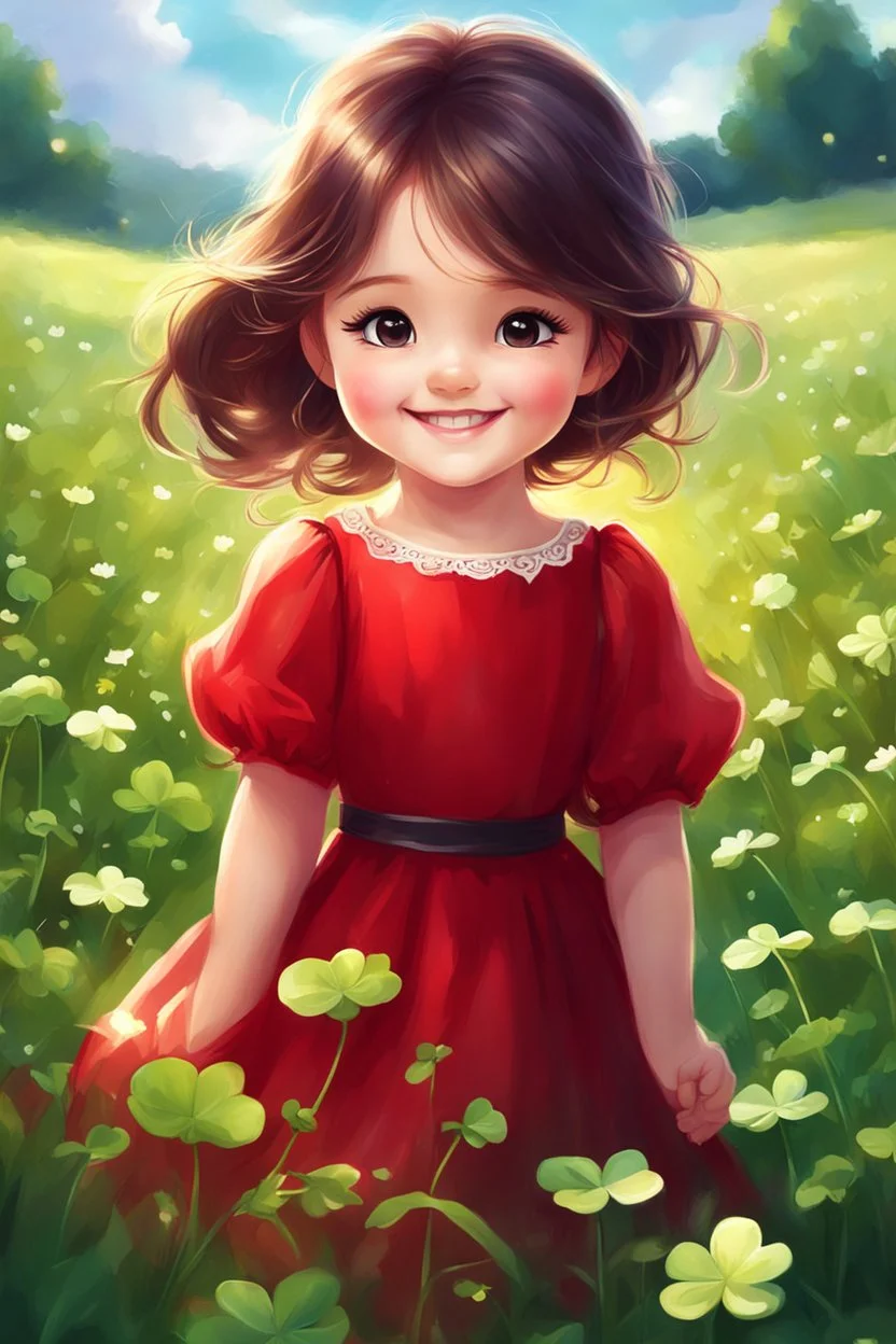 Adorable digital painting of a cute little girl in a gorgeous red dress smiling in a field surrounded by clover, cute chibi face, glowing eyes, long dark hair, high quality