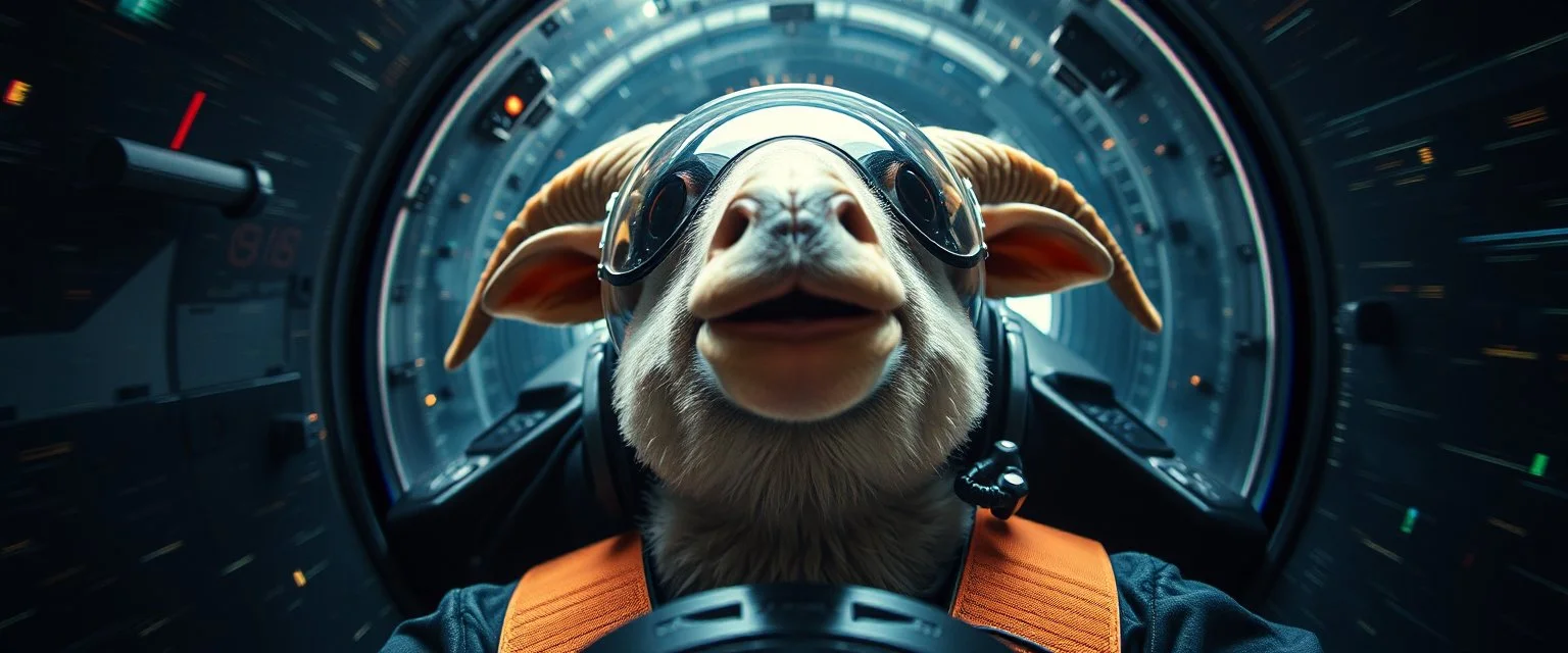 space warp crash pilot ,weird experiment gone wrong perspective close up portrait of dj sheep platypus duck pilot looking down on cam, with background in the style of escher and giger, a chill contrapunctus fugue in the style of fsol, beethoven, goa trance breaks, dancefloor drum and bass,