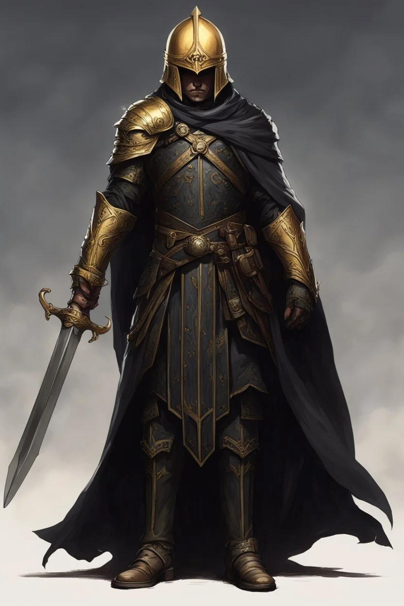 A commander with a black cloak and a long coat with long combat boots and a long spear with his Helmet is golden under his cloak