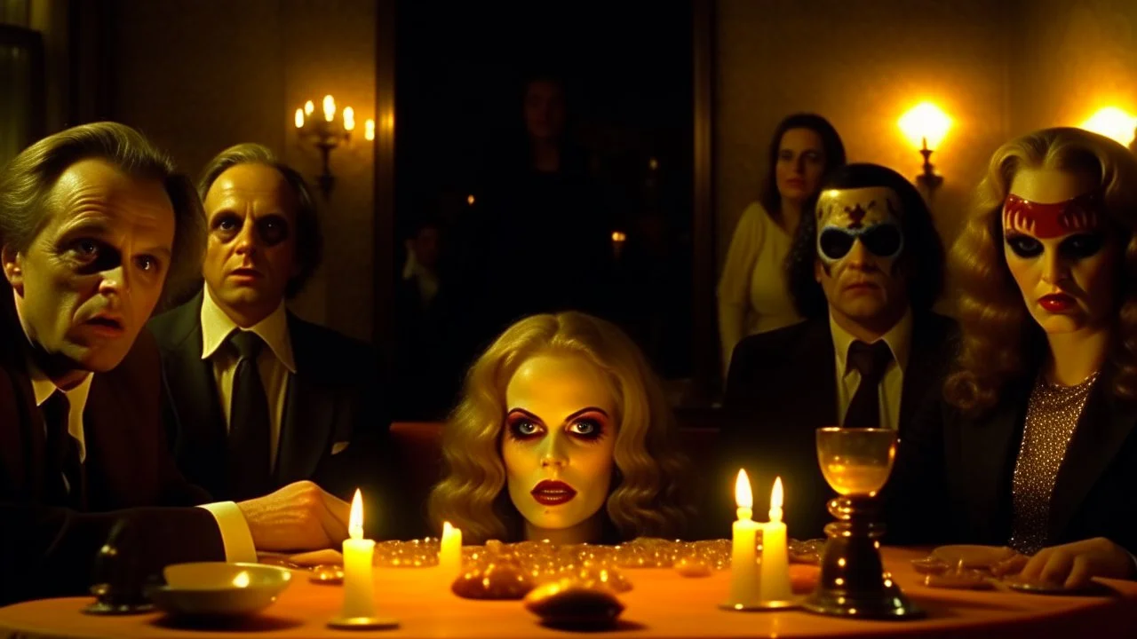 Spooky, ultra realistic distress, dining, ultra realistic hot woman, nose, giant eye on a table, organic hot bondes, bredst, dynamic, anguish, Stanley Kubrik Eyes wide shut, excited and lively scene, hypermaximalist figures, Creepy the Ring Alfred Hitchcock, Sam Raimi, insanely detailed, sinister, John Carpenter, Dario Argento, ornate