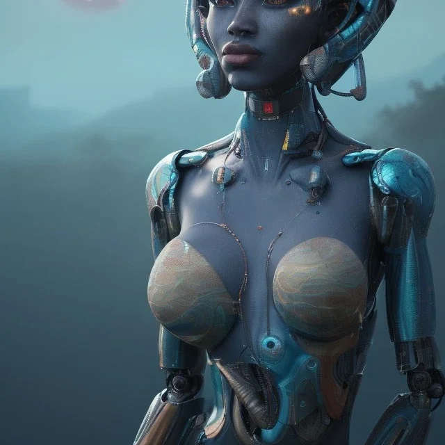 portrait,beautiful african robotic sirene, post-apocalyptic in a cyberpunk city, realistic, intriacte detail, sci-fi fantasy style, volumetric lighting, particales,highly detailed,cinematic, deep blue.