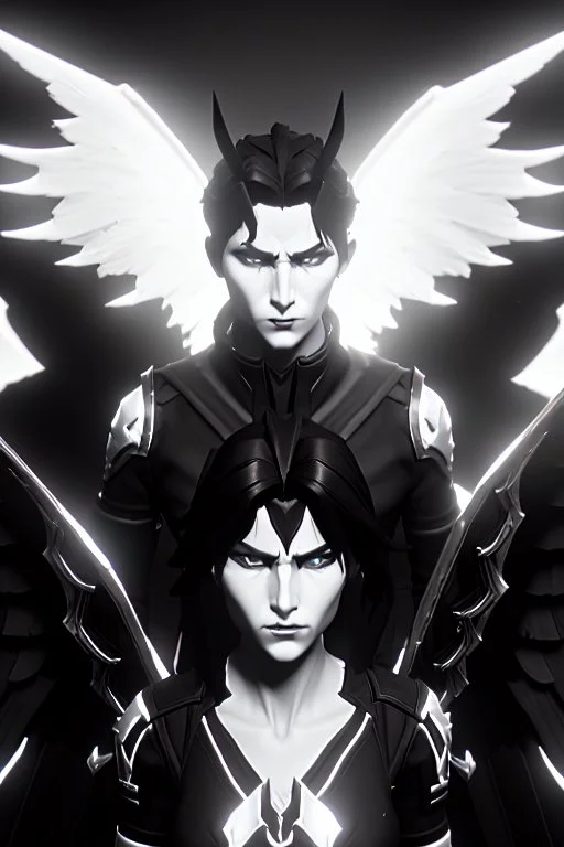 angel, demon, angel demon hybrid, half angel, half demon, black angel wings, white demon wings, black and white, balance, horns, armor, noble clothes, black and white armor, black and white clothes