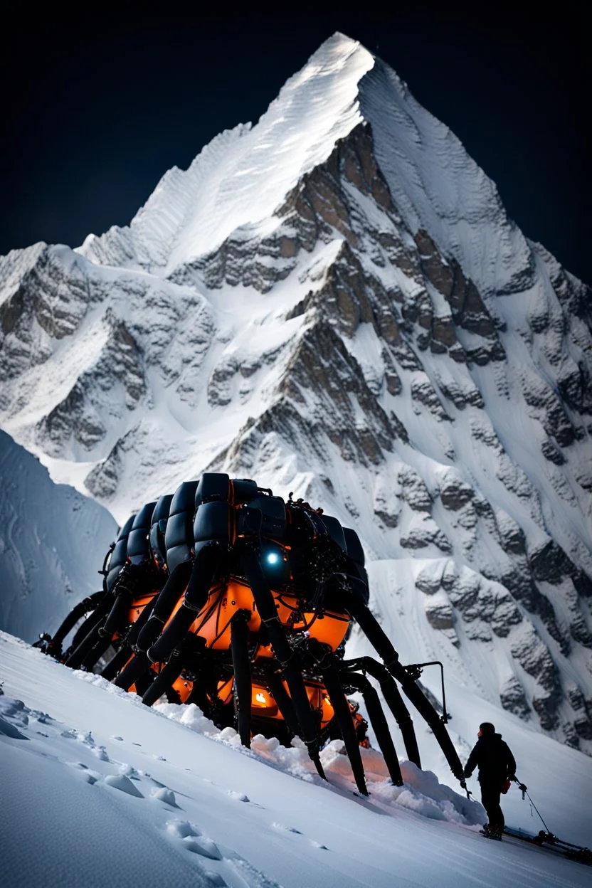 silhouette of a eight legs machine scaling a very steep snow covered side of mout everest at night, it has storage pods on its belly and humans can fit in the pods