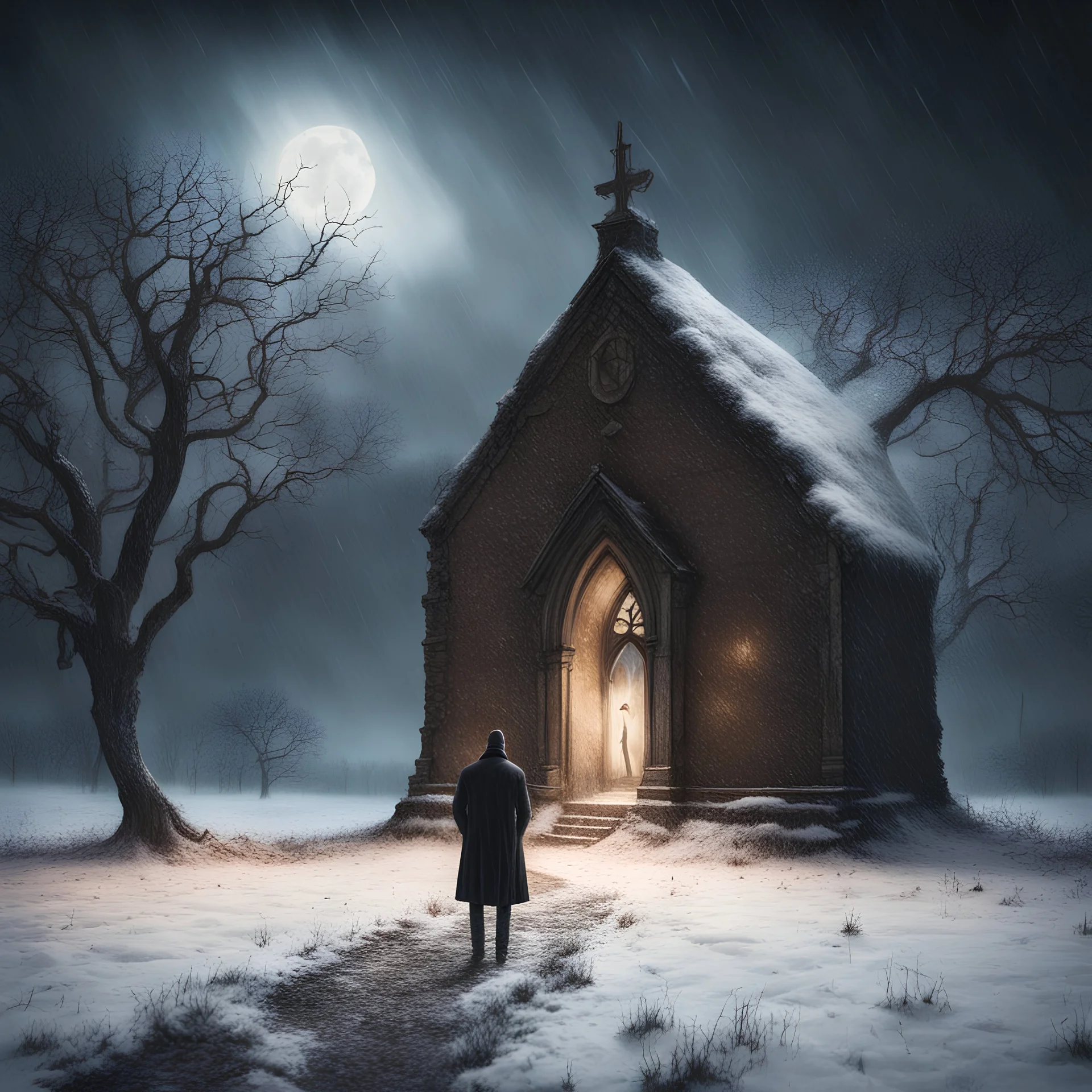 Hyper Realistic Haunted Chapel between a Field with a man hanging on dry old tree at heavy snowfall night