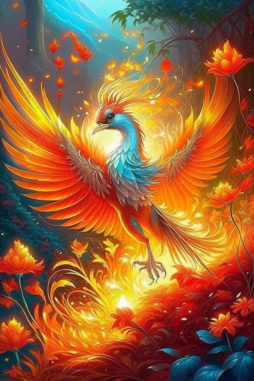 a firebird, fiery feathers that shine with silver and gold and burn with fire, a long sparkling tail burns with fire, wings like tongues of flame, eyes glow like crystals, an unusual fiery light reflects its belonging to another non-human world, in a faraway kingdom in a beautiful garden, rejuvenating apples grow in the garden, realism, light, highlights