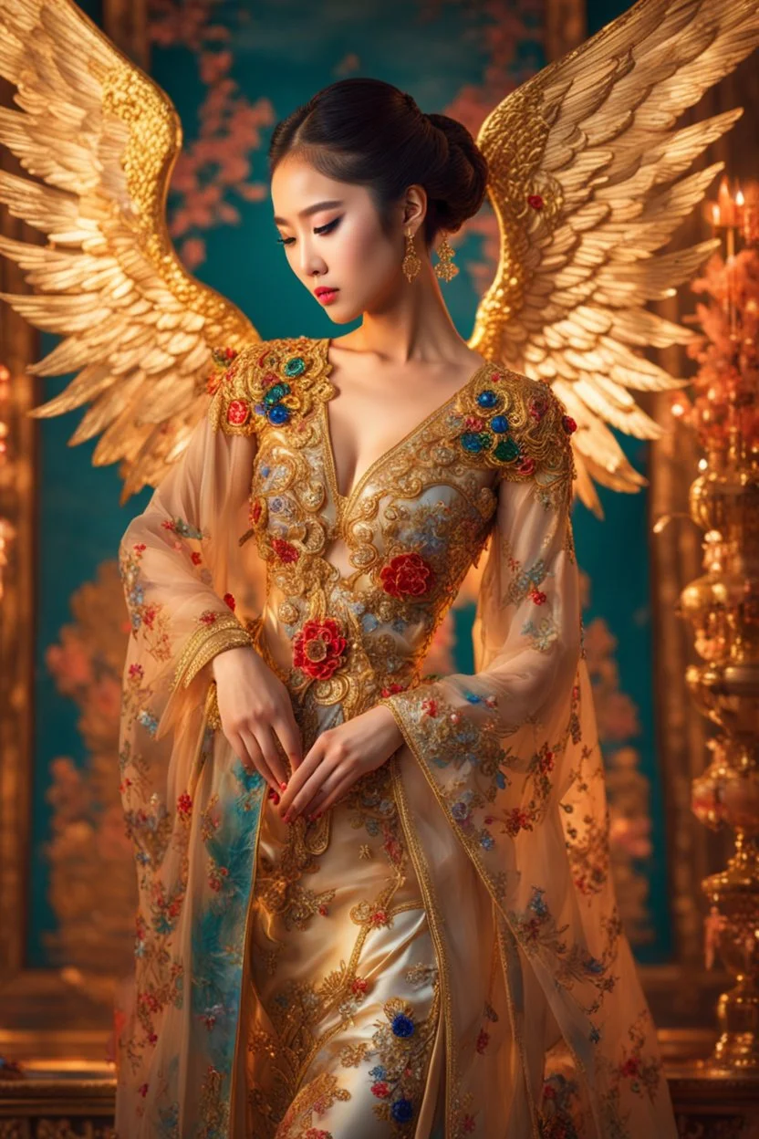 Gorgeous photography full body Beautiful super model Chinese woman dressing Lady Angel colorful art conceptual, amazing artwork, hyper detailed, ultra maximalist quality, 12k , close-up portrait,crystal ornaments background, golden hour