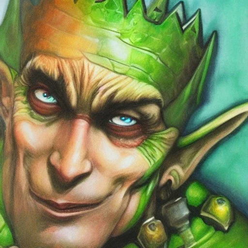 dungeons and dragons, fantasy, goblin, king, green skin, watercolour, large strokes, distinct face, portrait, head, crude crown