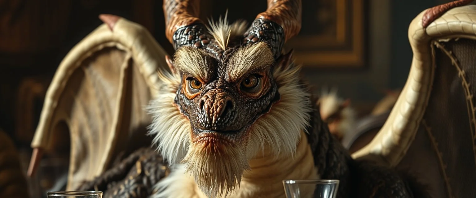 close up portrait painted by Rembrandt, stupid looking furry dragon at banquet