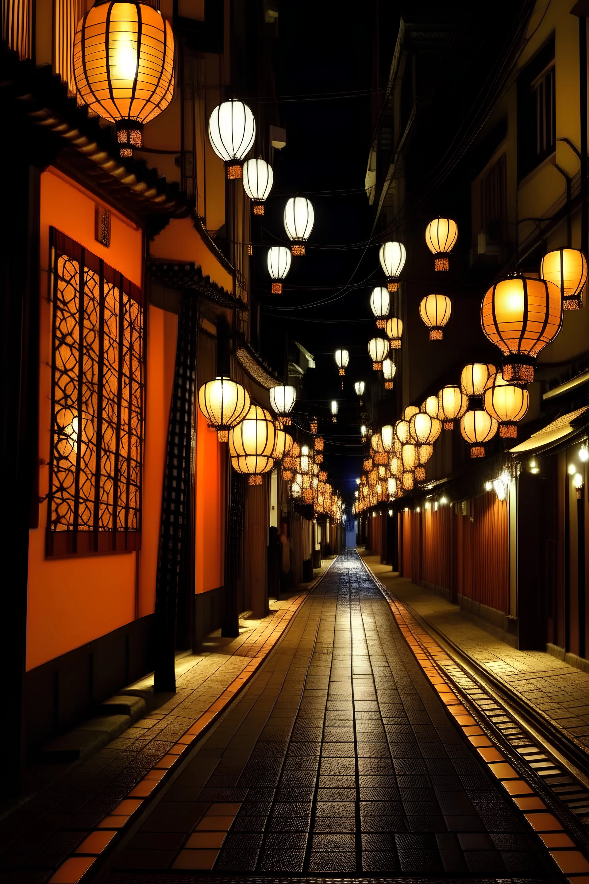 a street at night lit by floating lamps