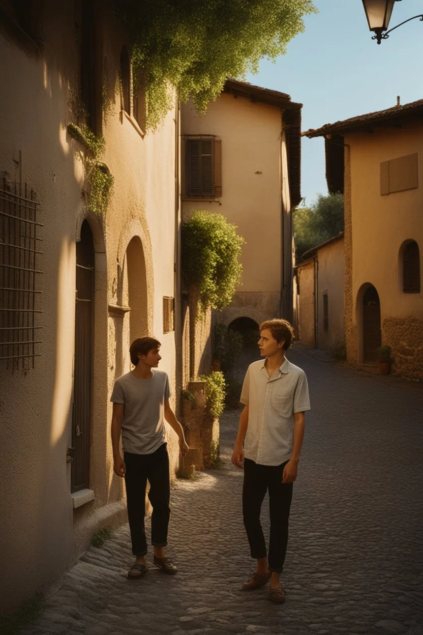 A realistic photo of a small Toscany town in late spring, a pair of inamorato young people on the street, early evening, last shines of sun. Photo taken by Mamiya camera with low-speed film, highly detailed, 8x8 film format