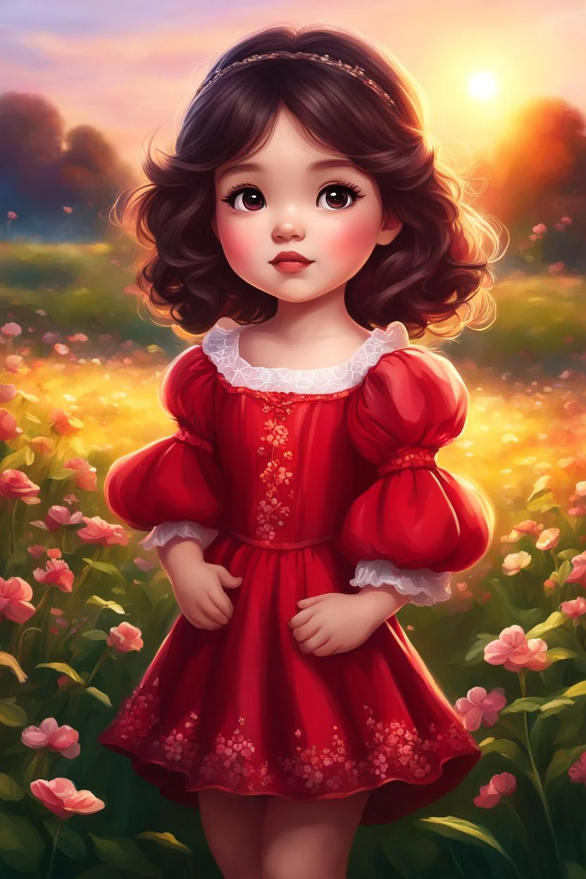 Digital painting of a cute little girl in a gorgeous red puffy sleeve dress, medium view face, cute chibi face, dark hair, glowing eyes, rosy cheeks, red lips, sunset, back light, clover field in the background, Disney art, digital painting style, High Quality, 4k