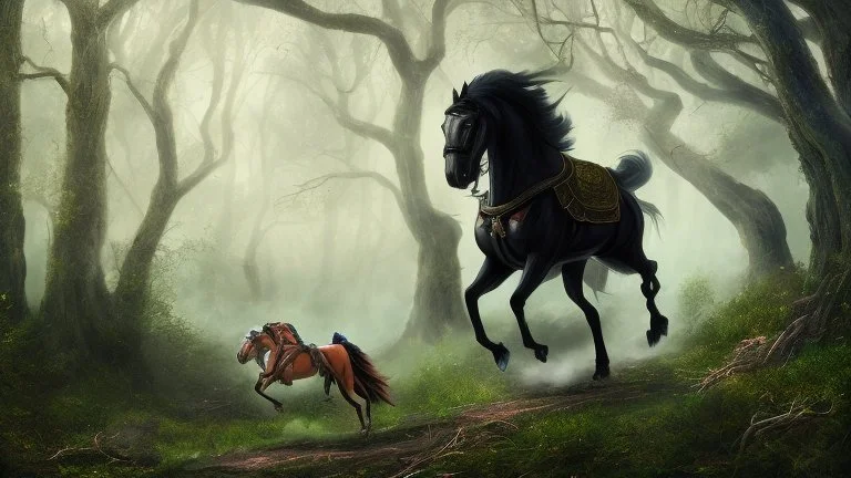 warrior sorcerer leading a black horse on forest path