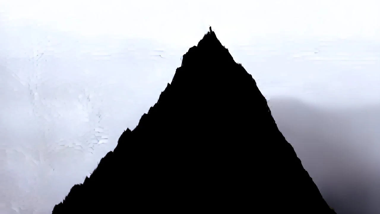looking up at a single sharp narrow mountain, the peak obscured by clouds and fog.