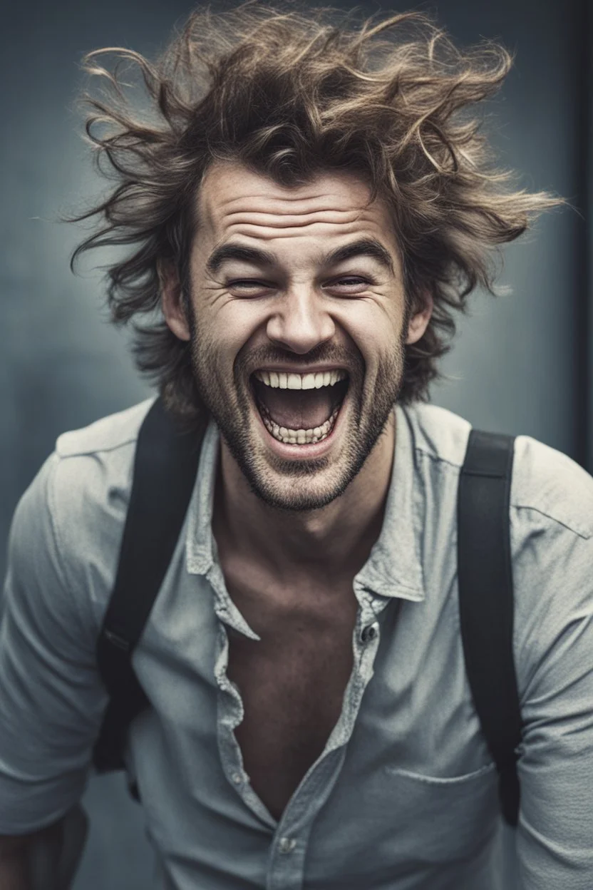 deranged laughing man with messy hair and stubble