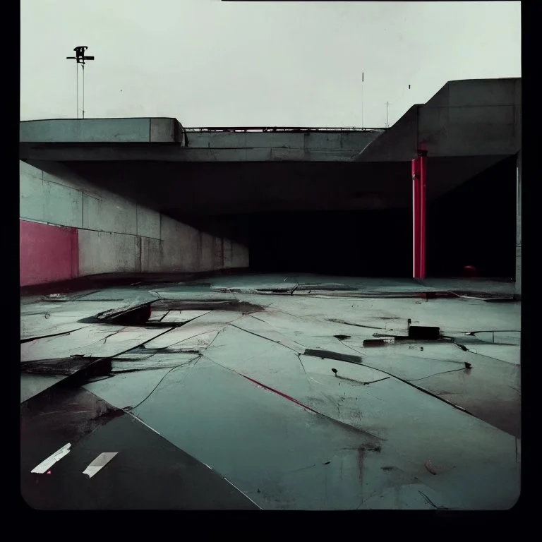 Minimal abstract oil paintings of a desolate concrete 1960s carpark. Road with distant Blurry lights. On the floor are concrete fragments and road markings . In the dark mysterious style of Justin Mortimer and Francis Bacon.