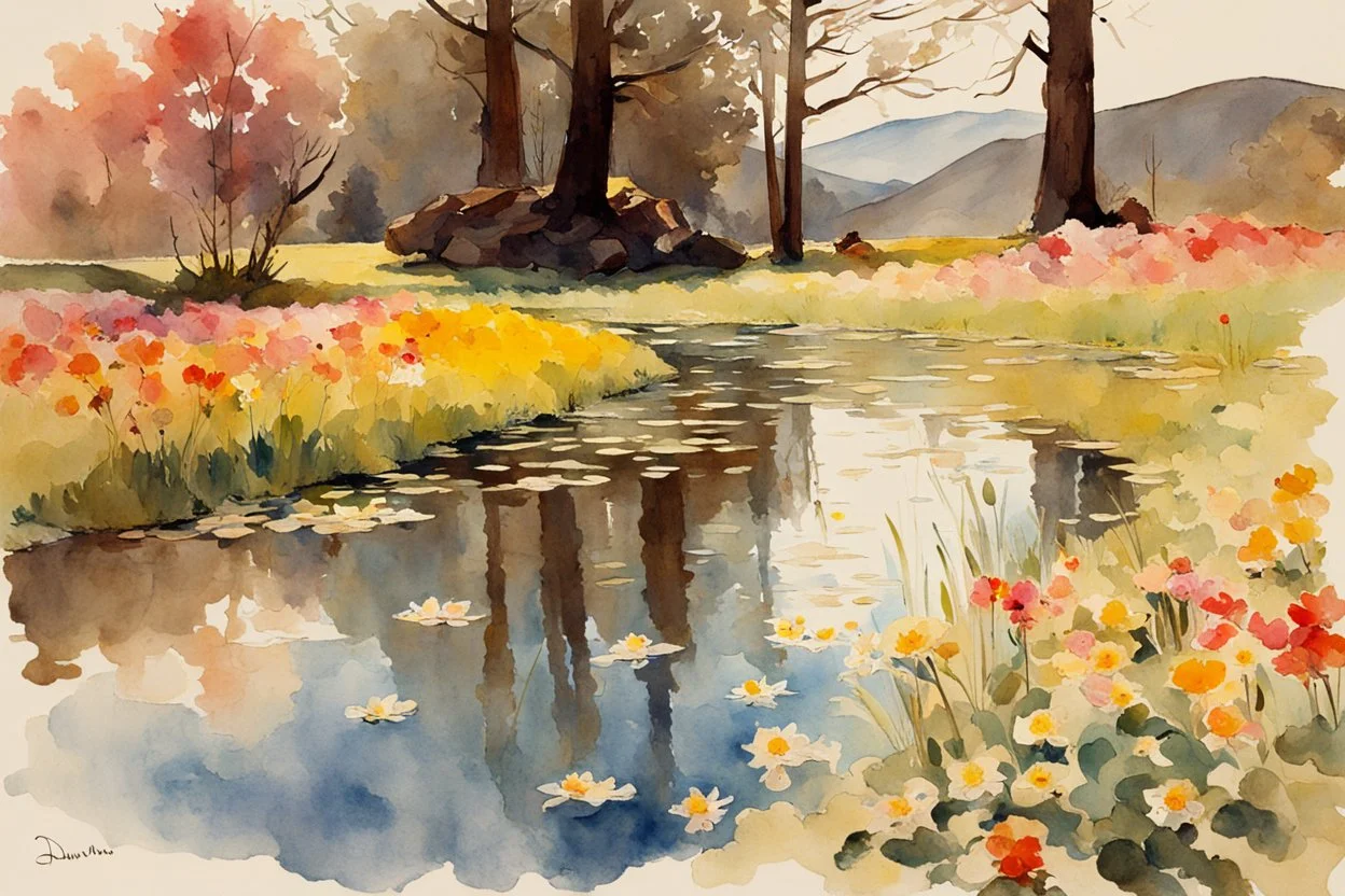 Sunny day, flowers, trees, spring, mountains, puddle, fantasy, sci-fi, epic, winslow homer watercolor paintings