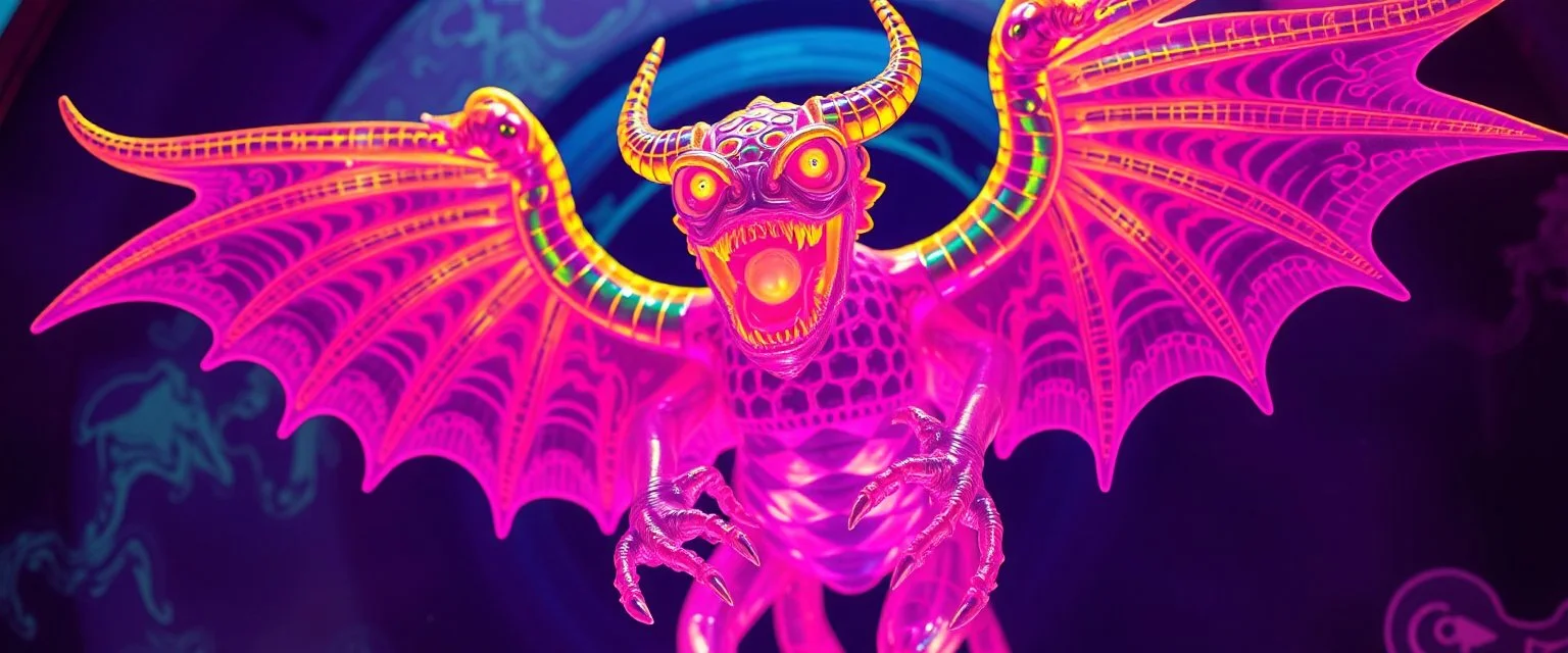 Ming Winged Dingus in the style of Giger and Escher in Transparent Psychedelic Fluorescent Colors looking like a Record Cover