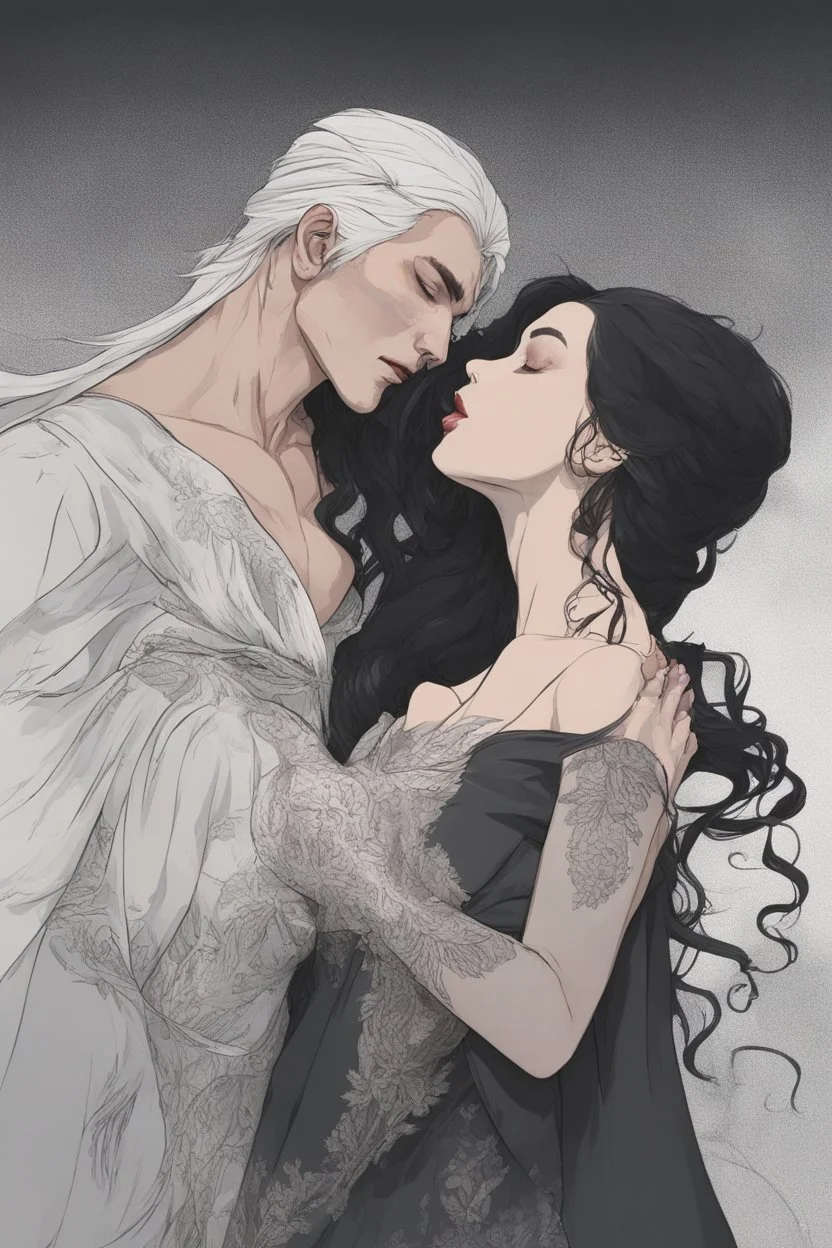 Strahd Von Zarovich, long black hair, being kissed on the mouth by a beautiful woman with white hair, wearing an off the shoulder dress. Settling and background are a lavish toomb with an ebony coffin.