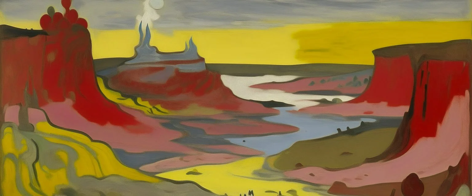 A grayish red badlands with Sulphur fire painted by Wassily Kandinsky