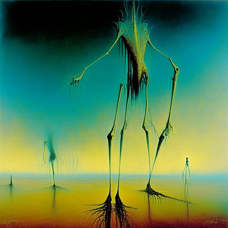 Enhanced surrealism, revisionist histories of downloadable nightmare creature contrivances, by Desmond Morris and Zdzislaw Beksinski, mind-bending surreal image, classic and modern surreal motifs, long legs, too many legs, complex contrast, dynamic composition