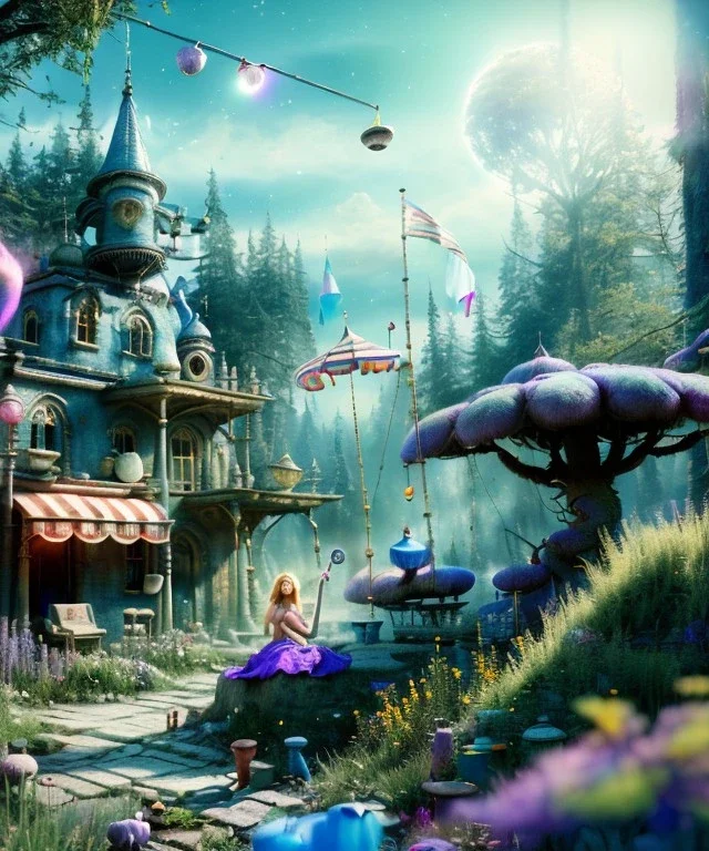 Ultra realistic wonderland photo, happy blonde woman smoking a shisha, blue dress, big purple-cat friend, circus dress style, old school tattoo, smoke, marijuana garden, glow eyes, perfect iris, soft color, highly detailed, unreal engine 5, cinematic, ultra detail, volumetric lighting, high definition.