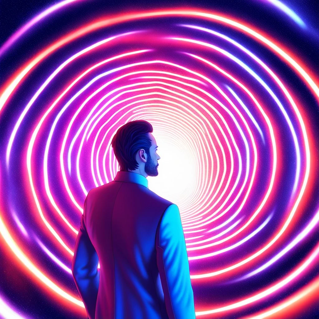 A man stands in front of a galaxy glowing tunnel in different colors, deeper into the metaverse we go, an open portal to another dimension, infinite quantum portal, the encrypted metaverse, the image is futuristic, surreal cyberspace, the approaching singularity, entering a quantum wormhole, portal dimensions , Cosmic Energy Threads, Futuristic Digital Art, Inner Hyperspace, Holographic Projection