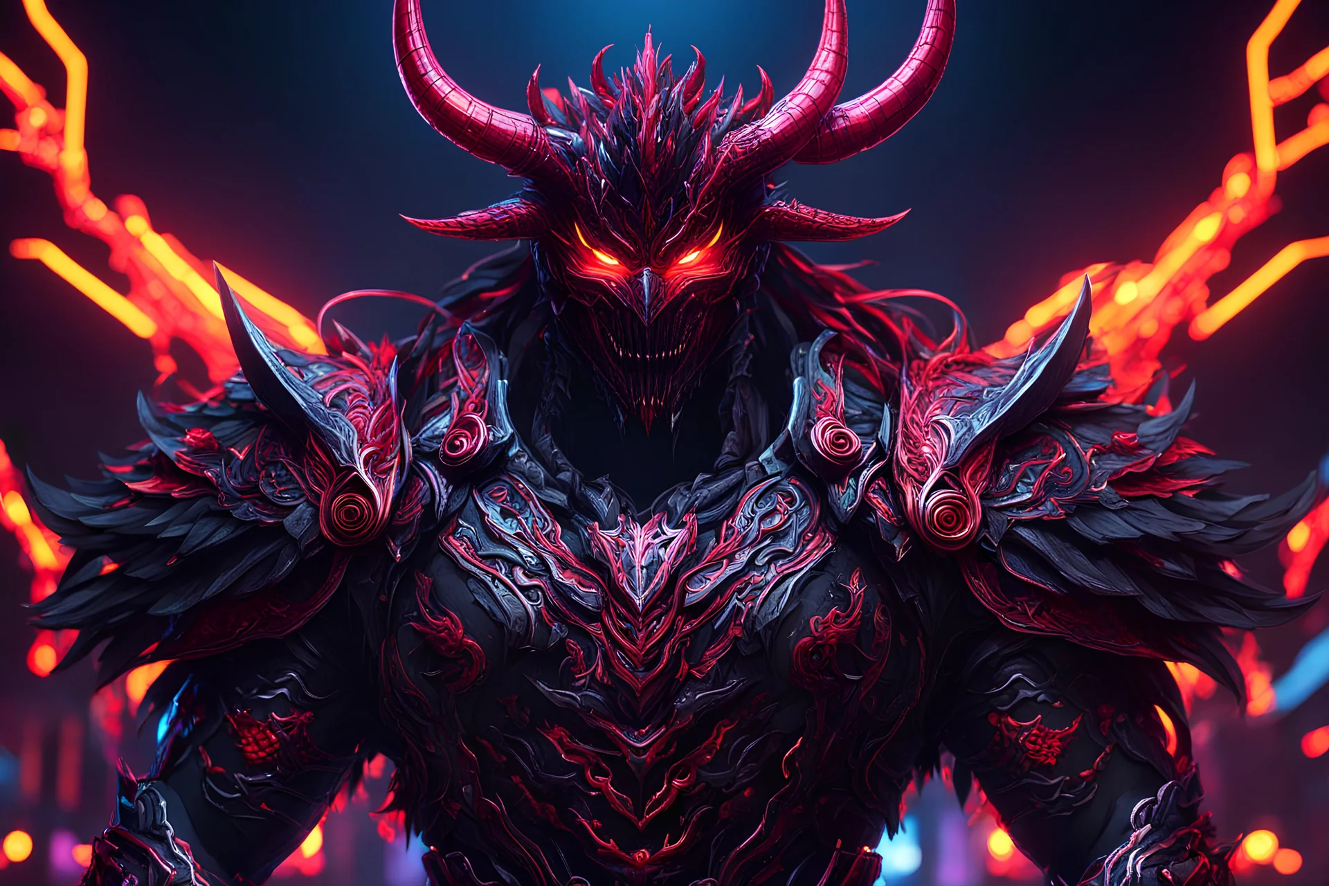 carnage oni machine in 8k solo leveling shadow artstyle, ronin costum, cozmic mask, dynamic pose, oshare kei, hurufiyya, rtx , neon lights, intricate details, highly detailed, high details, detailed portrait, masterpiece,ultra detailed, ultra quality