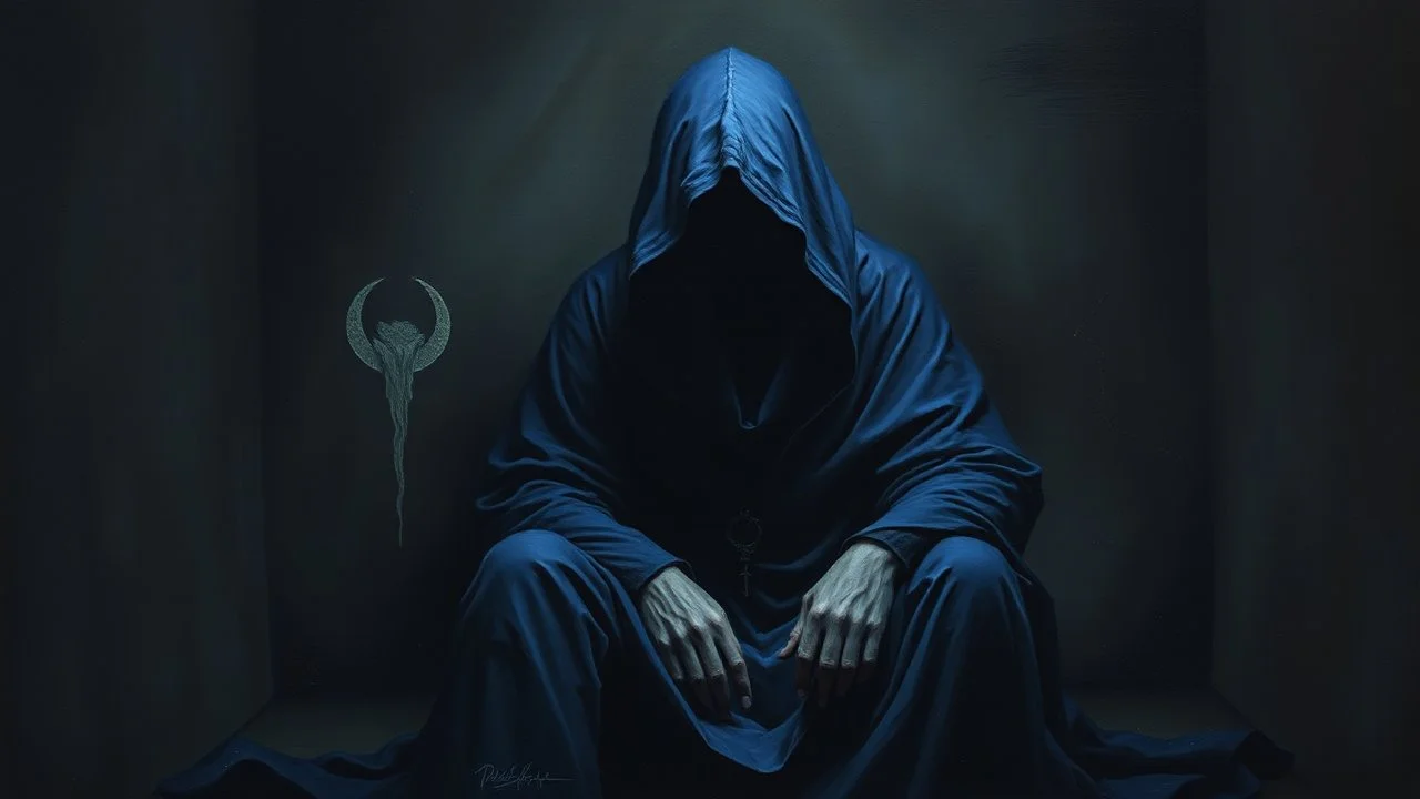 Surreal and dark painting featuring a hooded figure draped in a deep blue cloak, sitting in a dimly lit, enclosed space.