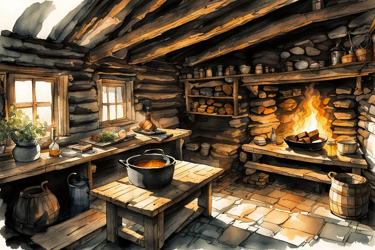 ink wash and watercolor illustration of the interior of an 18th century rough hewn New England cabin, with a dry laid stone hearth , rustic furniture , kitchen utensils, candles, oil lamps, hanging herbs , curing game meat, in the comic book style of Bill Sienkiewicz and Jean Giraud Moebius , sharp focus, natural light and shadow, rich earth tone colors