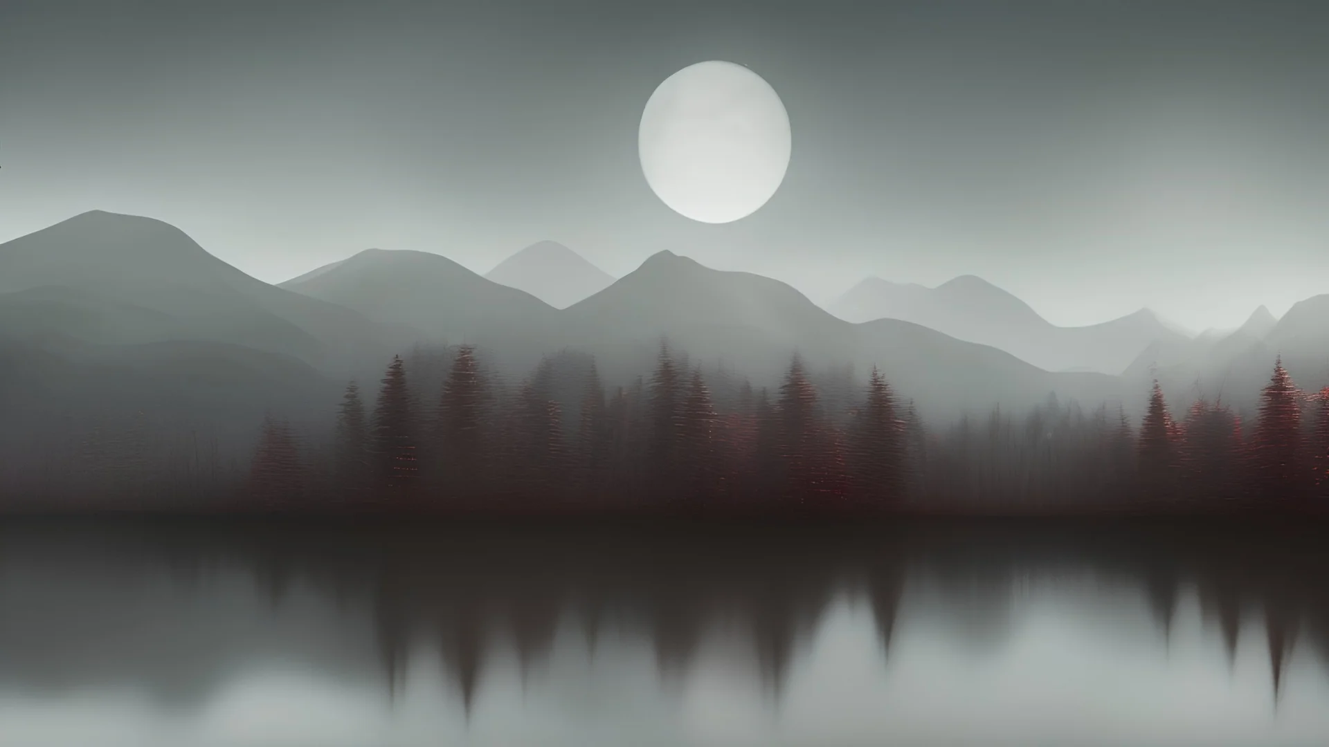 Un fondo de pantalla con una luna en el medio superior, un lago donde se refleje la luz de la luna, y un bosque con arboles y montañas, con la paleta de color de rojo, blanco y negro pero que sea un poco brillante y un poco lleno de vida