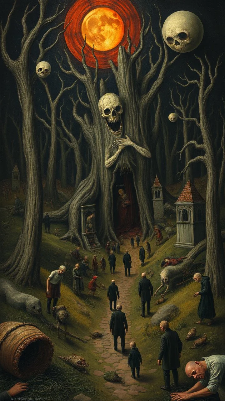 Hieronymus Bosch style nightmares , a lot of people in hill