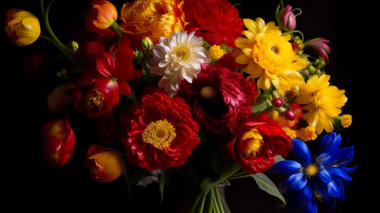 A bouquet of vibrant flowers including red, yellow, and white blooms against a dark background