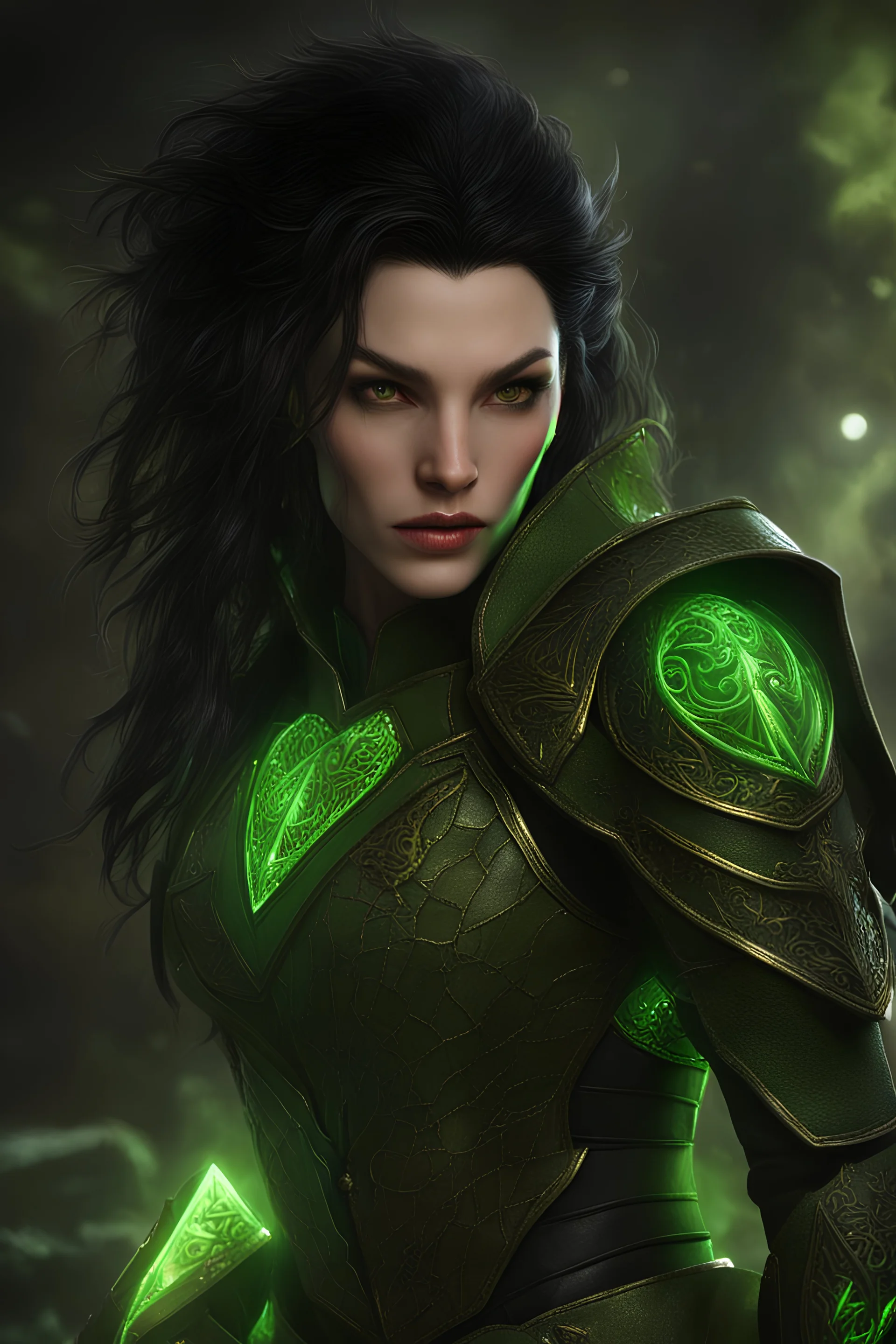 3.4 body shot, green skin,beautiful face, female gorgeous green skinnrf orc, 2 fang visible on mouth, thin, lightning crackle crested around her armor as symbols,dark hair, detailed glowing ornamental magical pattern armor, glowing gem crackling with lightning implanted on leather armor, 8k, high detail, market background, midnight, facing viewer, front facing