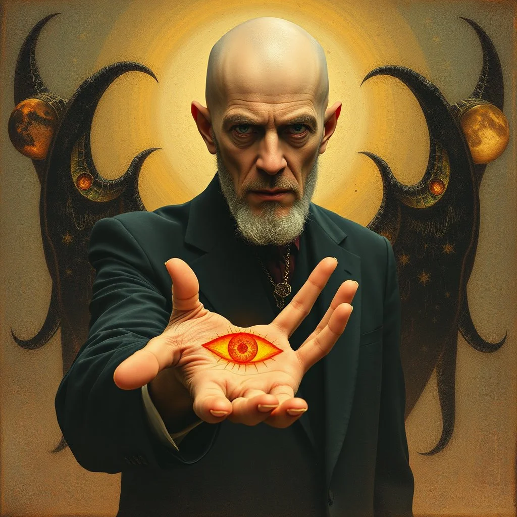 Bald Aleister Crowley holding one hand revealing an eye in his palm, psychedelic, surreal, by Dave McKean