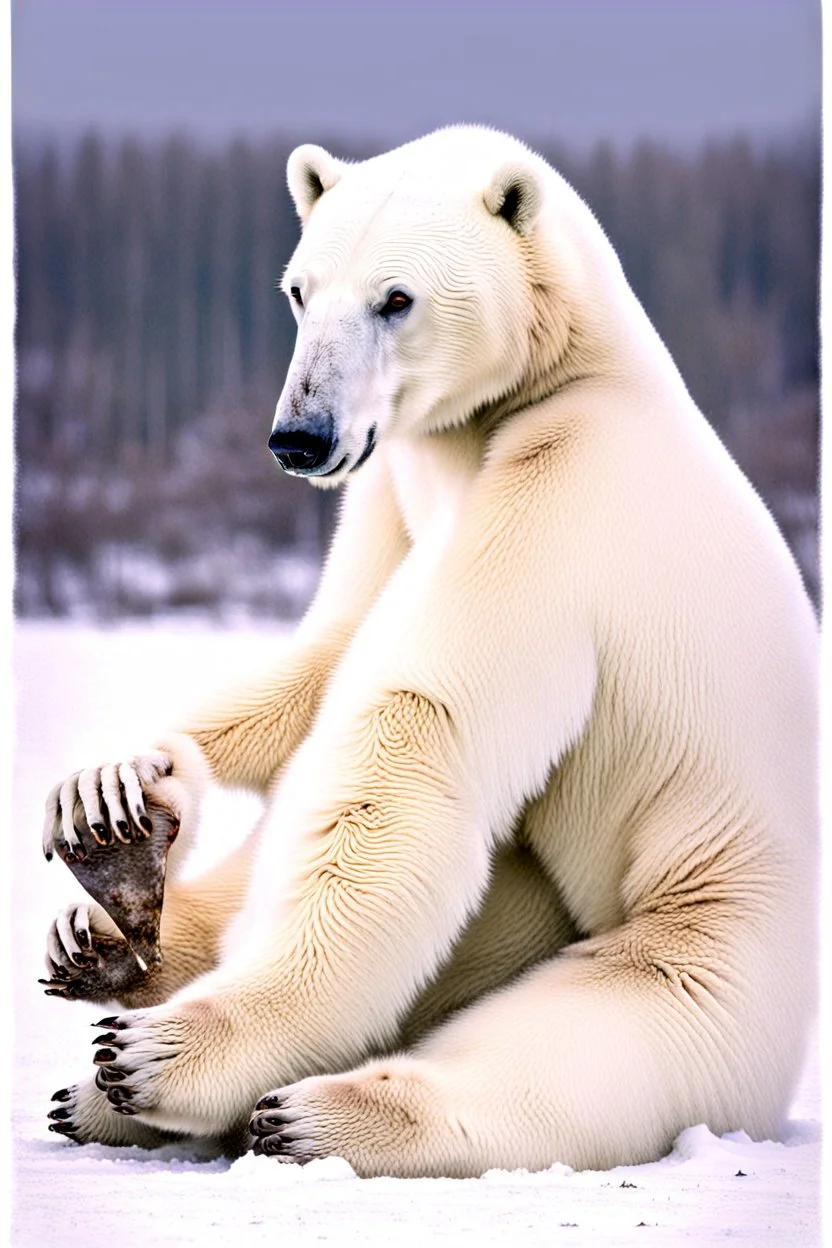 A polar bear with human feet