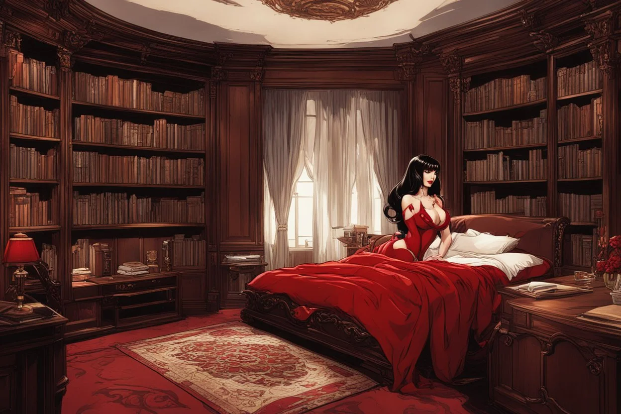 Vampirella in a bedroom with wooden furniture, bookcases and opulence