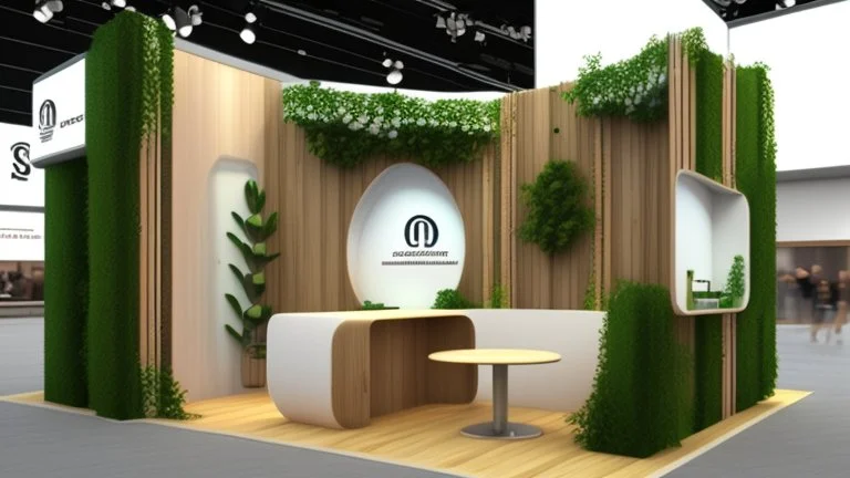 Corner exhibition stand in light colors with wood elements and greenery with two meeting areas