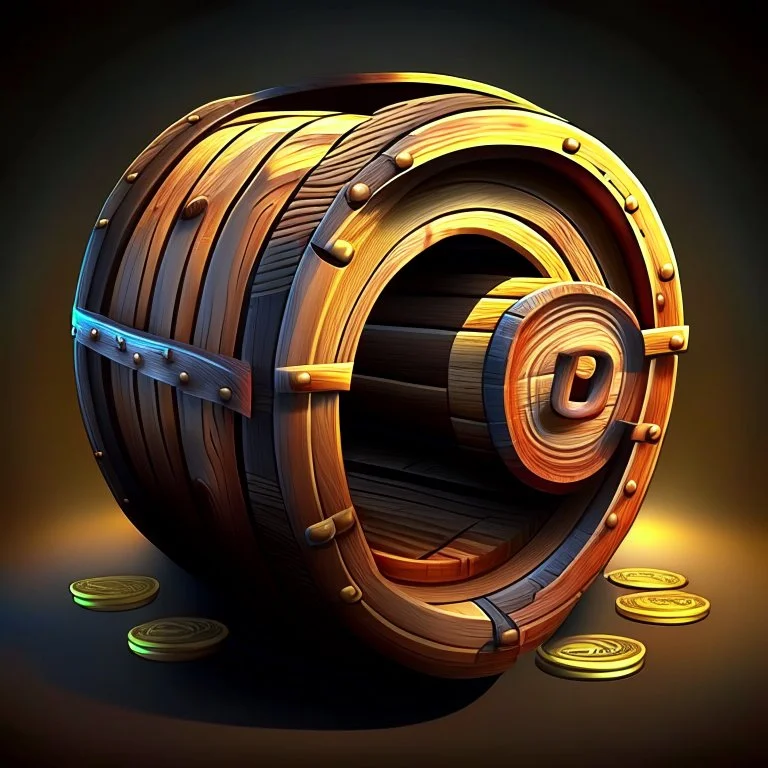 a wooden barrel : 1.5 ) money goes in from above and money comes out from below, ultra quality, vector graphics