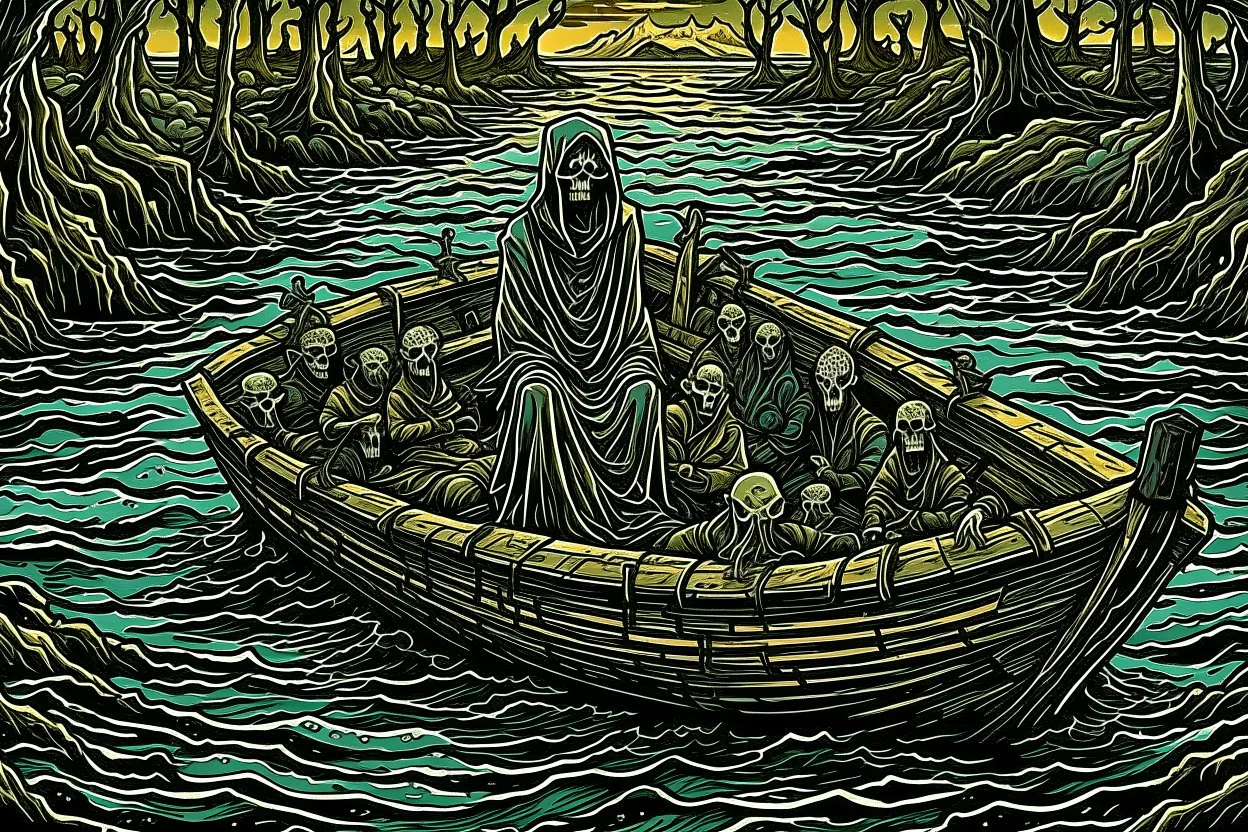 on the river Styx, in a special creepy boat, the boatman in the hood of Death, who takes the guilty people to the endless darkness, to hell on the boat, the crowd of crying, howling, begging dead, surreal style, dark colors, strange surreal nightmare landscape, high detail, sinister, surreal art, chillingly fascinating