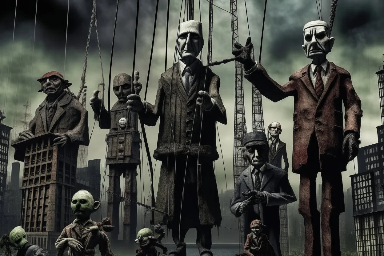 an evil government looms above, wielding marionettes below as the news media broadcasts their suffering in the background, dystopian, dread, horror