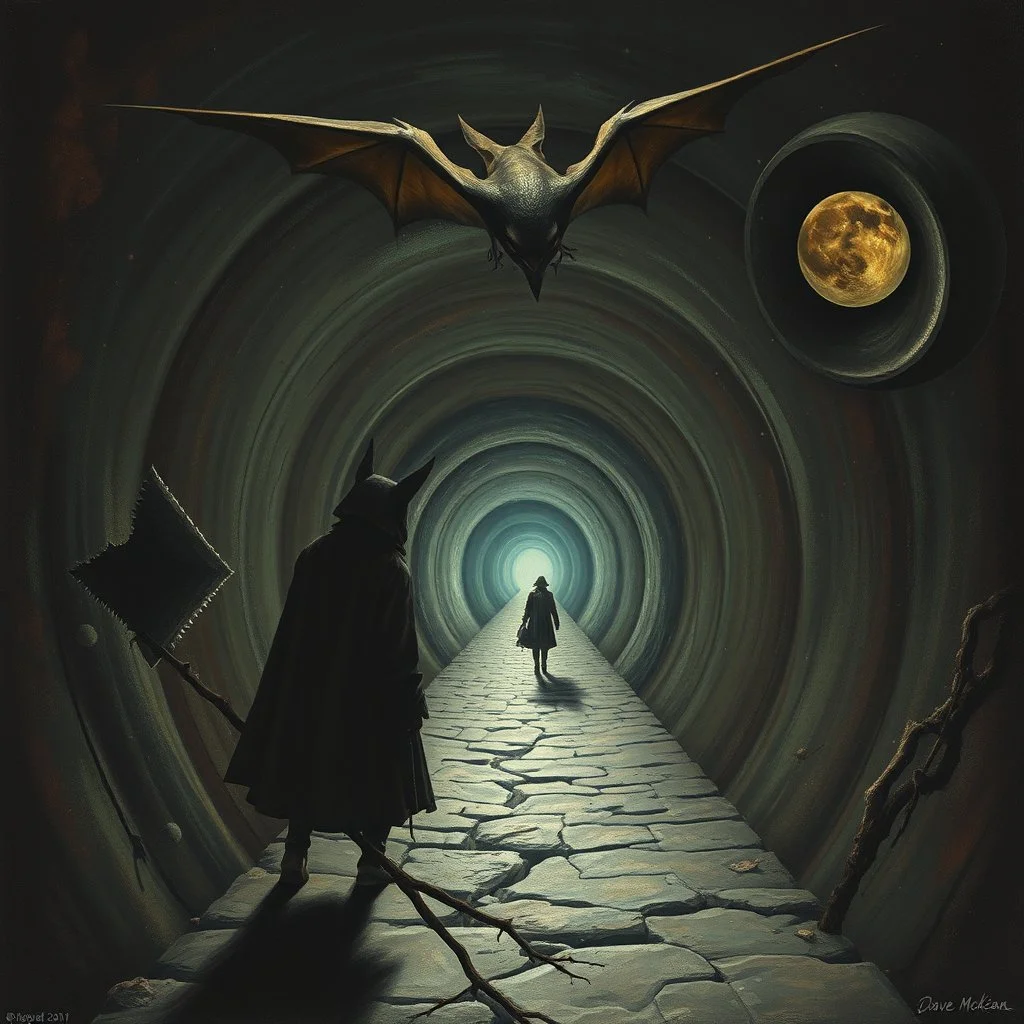 they saw you from the end of a tunnel by Bosch nightmare style.Dave McKean, inspired by the nightmare paintings of bosch by Wassily Kandinsky, double a big bat and falcon exposure, gnostic tragedy, sinister